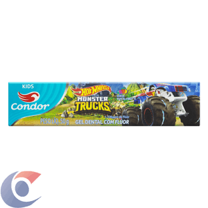 Gel Dental Infantil Com Flúor Tutti Frutti Hot Wheels Monster Trucks Condor Kids Caixa 50g