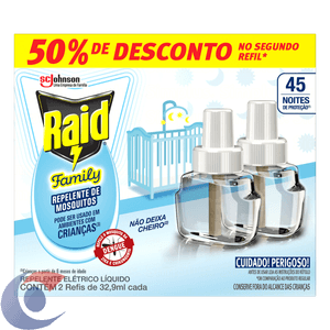 Repelente Raid 45 Noites Family 2 Refis 32,9ml 50% Desconto