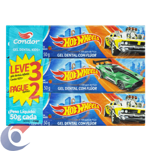 Pack Gel Dental Infantil Com Flúor Morango Hot Wheels Condor Kids+ Caixa 50g Cada Leve 3 Pague 2 Un