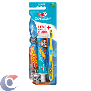 Kit Escova Macia + Gel Dental Infantil Com Flúor Morango Kids+ 50g Hot Wheels Condor Júnior Leve Mais Pague Menos