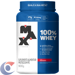 Suplemento Max Titanium 100% Whey Morango 900g