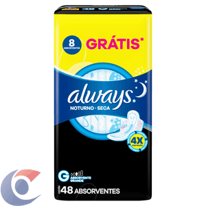 Absorvente Com Abas Seca Always Noturno Tamanho G Nova Tecnologia 48 Un Grátis 8 Un