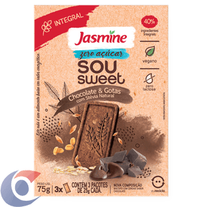 Biscoito Vegano Integral Chocolate & Gotas Zero Açúcar Jasmine Sou Sweet Caixa 75g