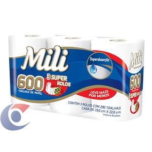 Papel Toalha Mili Com 3 Rolos 200 Folhas
