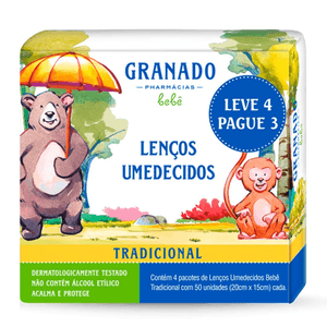 Kit Lenço Umedecido Granado Tradicional Pacote Com 50un Leve 4 Pague 3