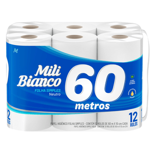 Papel Higienico Mili Bianco Neutro 60m - Leve 12, Pague 11