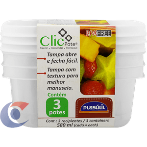 Conjunto De Pote 580ml Clic Plasutil Quadrado 3 Peças