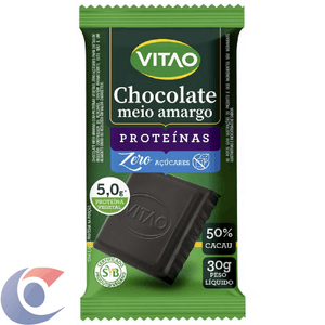 Barra De Chocolate Proteico Meio Amargo Zero Açúcares Com Proteína Vegetal 30g