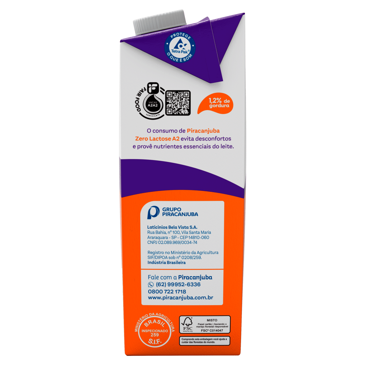 Leite Uht Tipo A2a2 Semidesnatado Zero Lactose Piracanjuba 1l